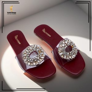 Crystal-Adorned Burgundy Slip-On Sandals by Gold Stepp