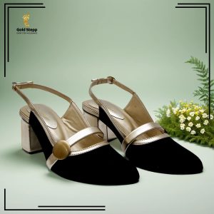 Elegant Black Velvet Slingback Heels with Gold Accents