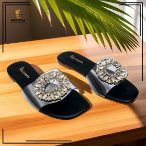 Gold Stepp Black Flat Sandals with Statement Rhinestone Accents