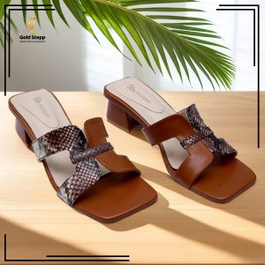 Stylish Brown Slip-On Heels with Reptile Pattern Accents