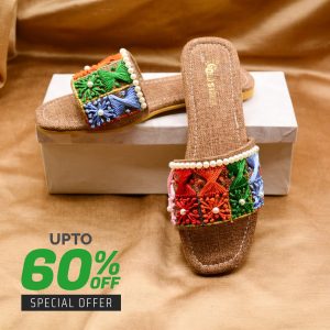 Multicolored Embroidered Open-Toe Flats for Women.