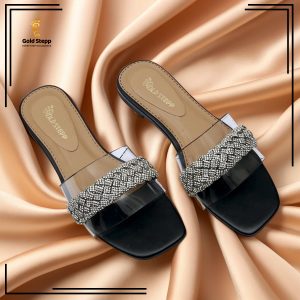 Womens Black SlipOn Sandals with Rhinestone Detailing