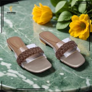 Women’s Flat Slip-On Sandals with Clear Beaded Strap