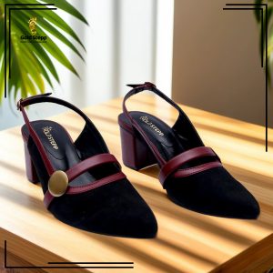 Women's Stylish Black Suede Slingback Heels with Burgundy Trim